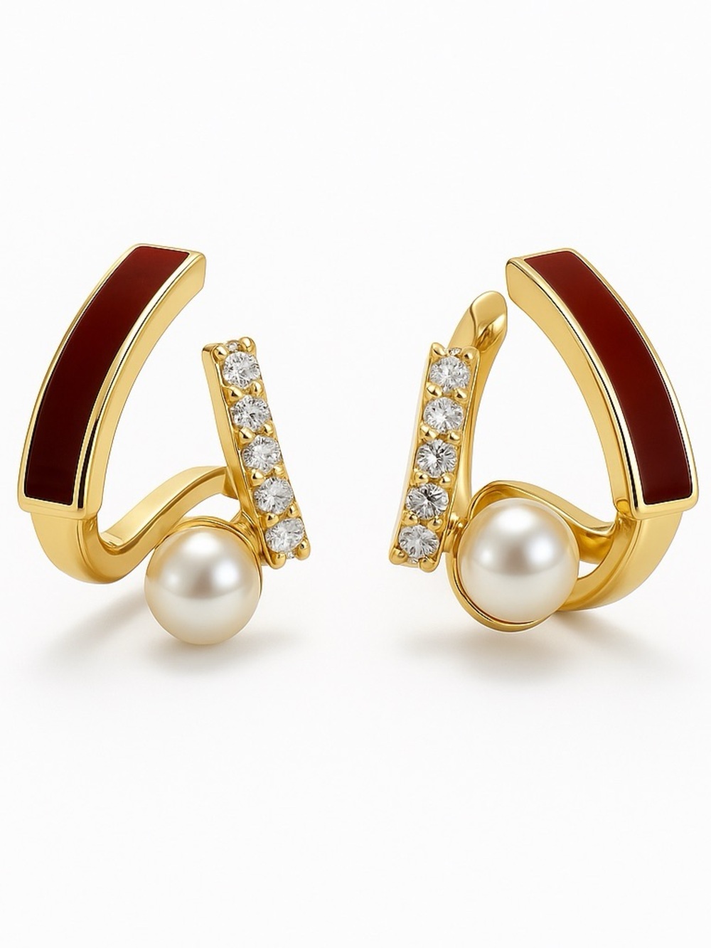 Freshwater Pearl & Enamel Ruby Arc with Light Pearl Stud Earring